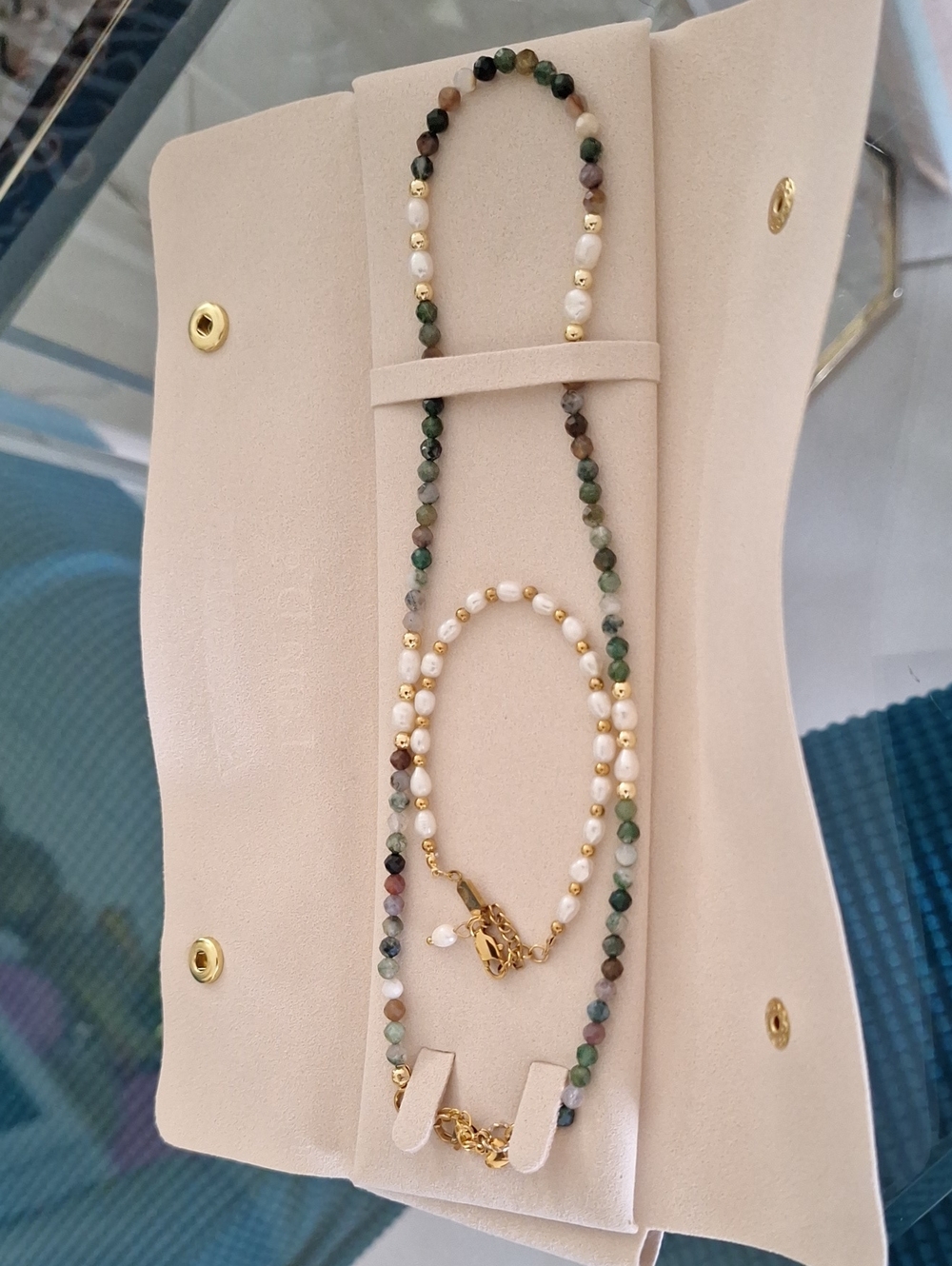 Beaded Multi-Color and Pearl Necklace with Gold Accents